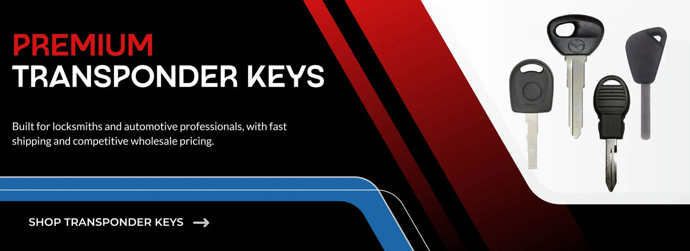 Promotional banner for Stallion Keys premium transponder keys featuring automotive transponder key products for locksmiths and wholesale automotive key supply.