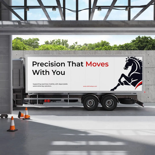 Stallion Keys branded truck featuring dependable automotive key solutions and the slogan “Precision That Moves With You.”